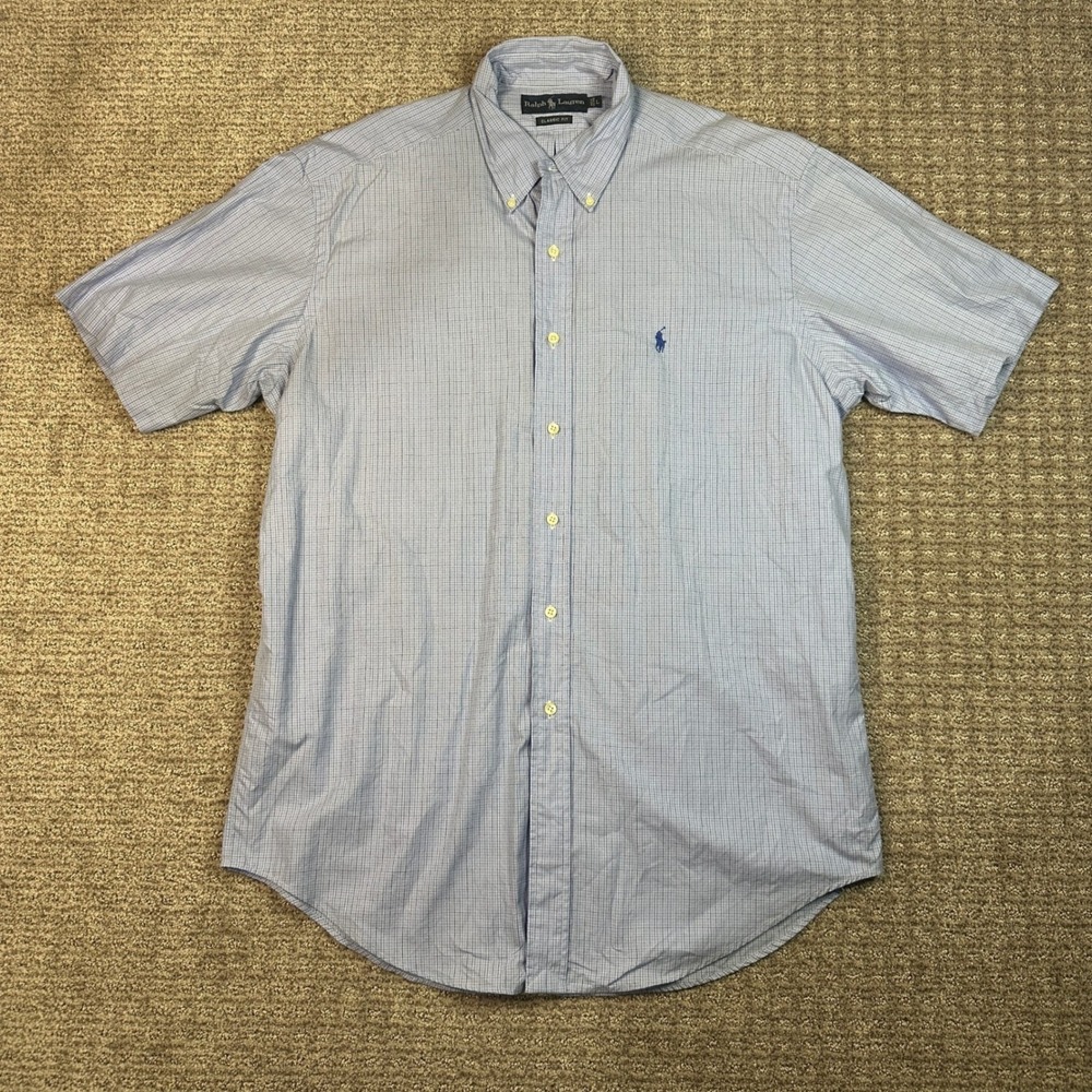 Vintage Ralph Lauren Mens Large Blue Check Short Sleeve Button Down Shirt L